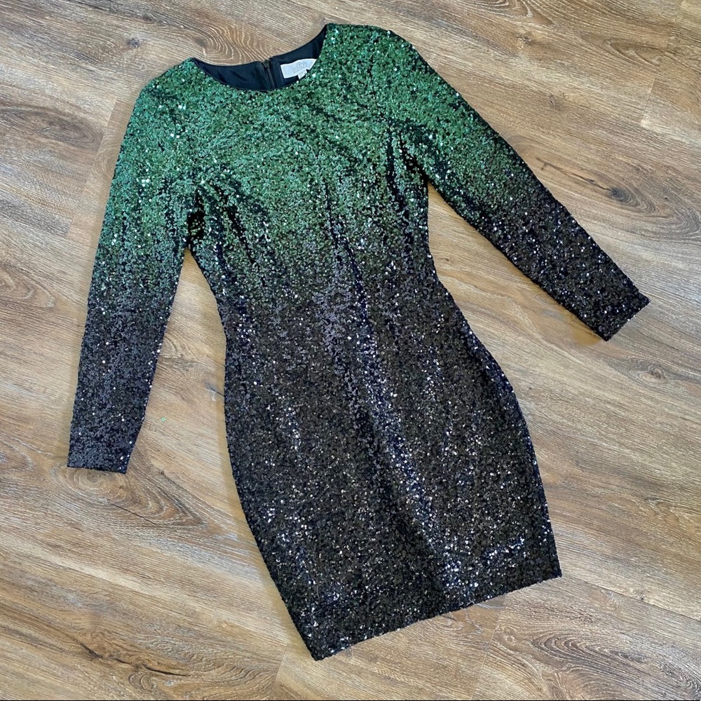 Sequin Ombré Body Con Long Sleeve Dress